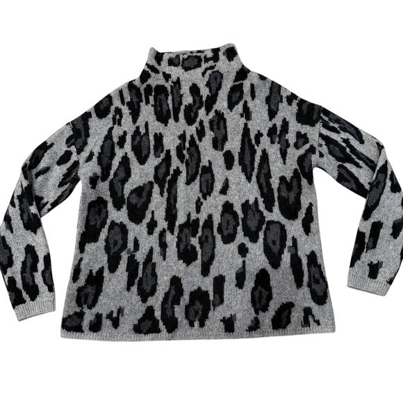 Catherine Malandrino 100% Cashmere Leopard Jacquard Mock Neck Sweater Gray Black - Picture 2 of 8